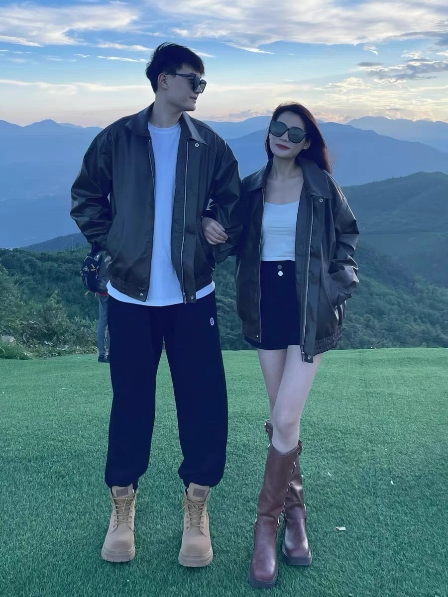 Couple outfit American retro brown leather jacket men's spring and autumn 2023 new Hong Kong style high-quality PU leather jacket