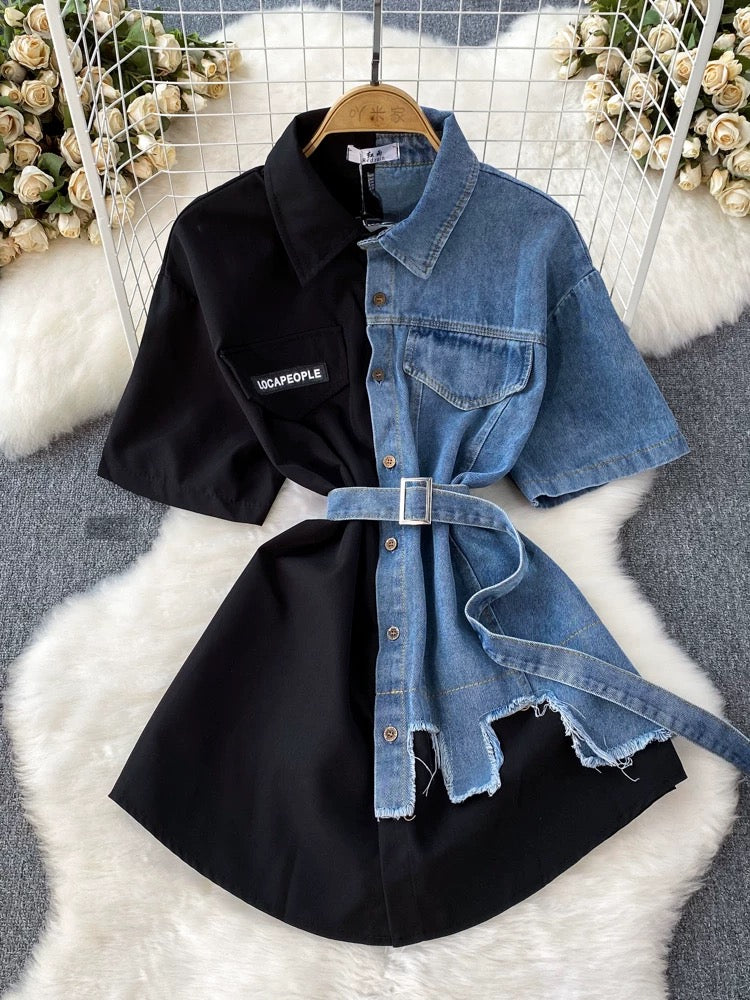 Contrast color lapel waist slimming A-line single-breasted shirt denim dress women's medium-length irregular T-shirt skirt