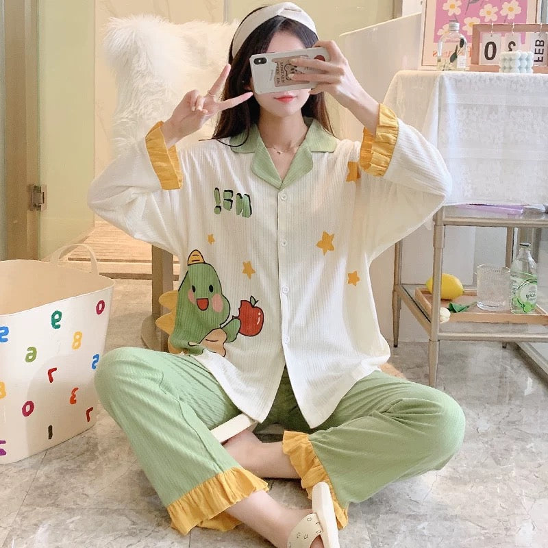 Pajamas women summer cardigan long-sleeved trousers suit summer ladies 2024 new cartoon spring autumn winter home clothes
