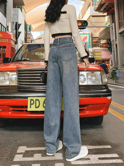 High-waist jeans women's wide-leg straight pants 2023 autumn new style loose hot diamond Hong Kong style retro floor-length pants (P127)