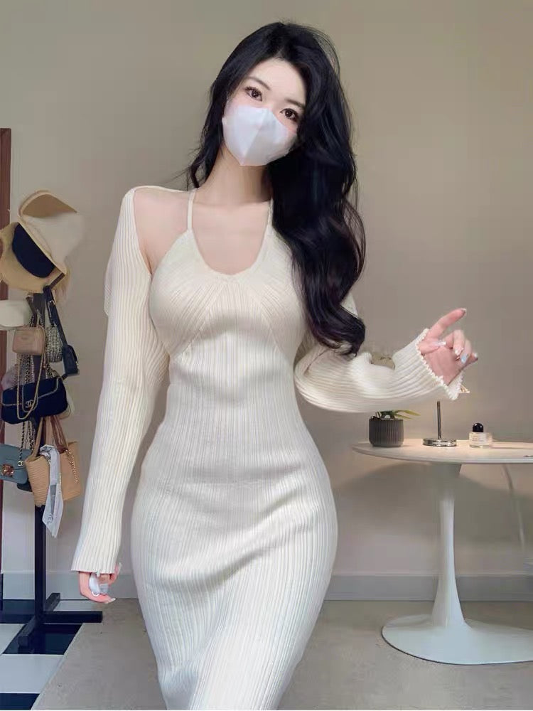 French halterneck, pure lust, sexy suspender-covering skirt, long-sleeved shawl, age-reducing waist, slimming knitted two-piece suit skirt A2284