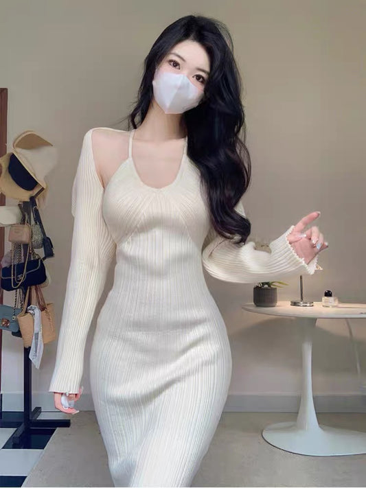 French halterneck, pure lust, sexy suspender-covering skirt, long-sleeved shawl, age-reducing waist, slimming knitted two-piece suit skirt A2284