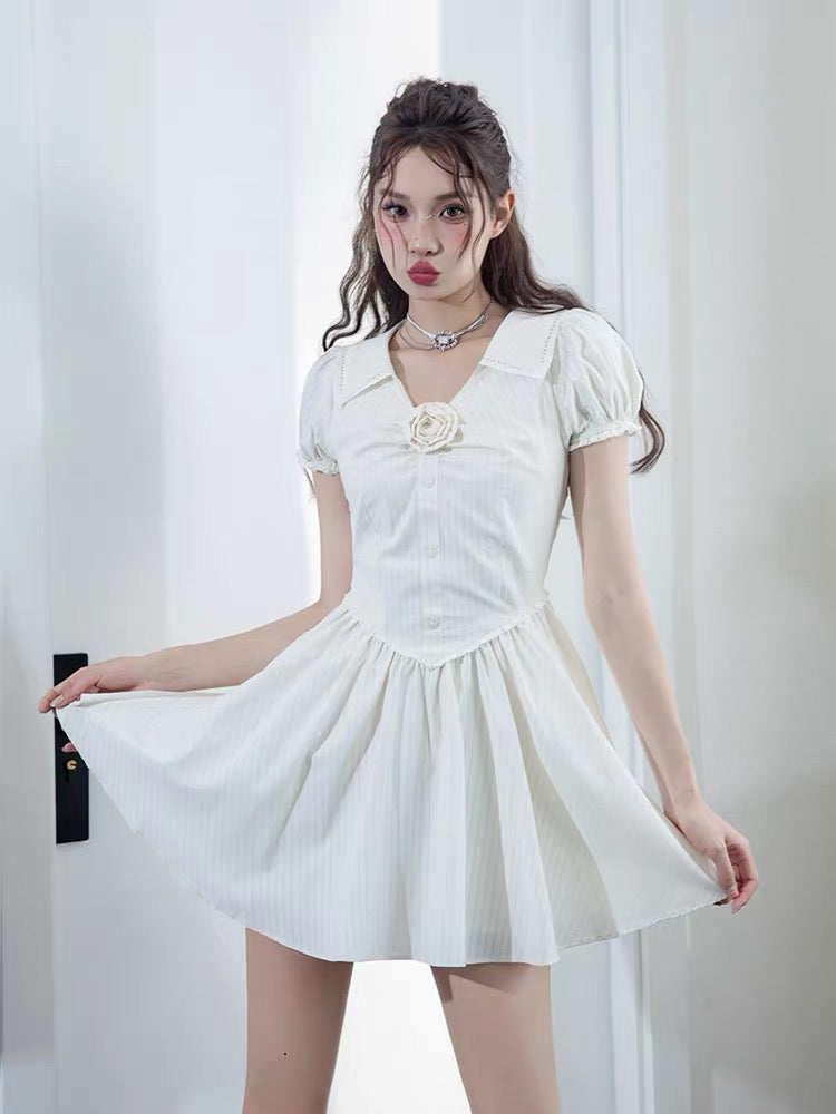 MOXI Summer Girly White Puff Sleeve Dress Sweet and Spicy Temperament Slim Shirt Skirt Women