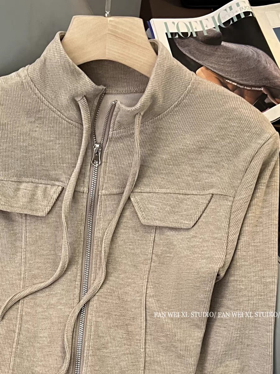 2023 new autumn and winter design versatile lace-up shoulder pads stand-up collar corduroy jacket for women petite short top (B2218)
