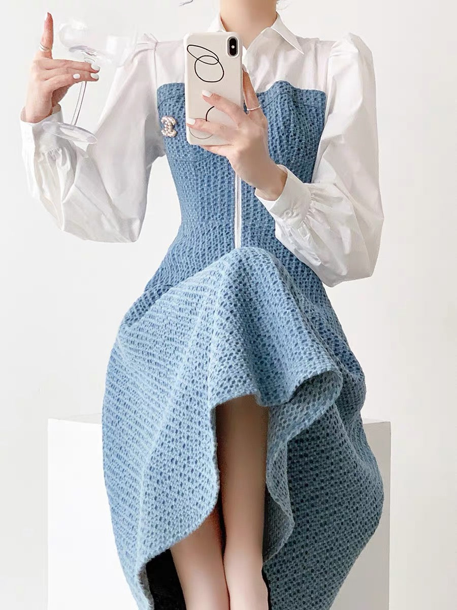 Fashion high-end exquisite small fragrant dress women's autumn and winter new style waist slimming fake two-piece long dress D9290