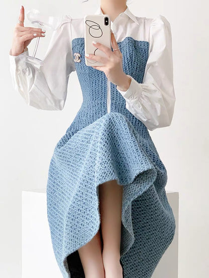 Fashion high-end exquisite small fragrant dress women's autumn and winter new style waist slimming fake two-piece long dress D9290