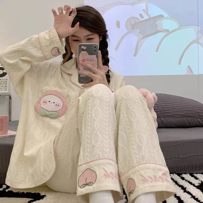 Pajamas women summer cardigan long-sleeved trousers suit summer ladies 2024 new cartoon spring autumn winter home clothes