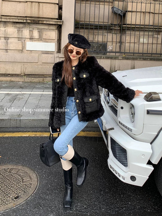 Summer home white small fragrance down jacket lamb wool thickened plush coat women's autumn and winter high-end top