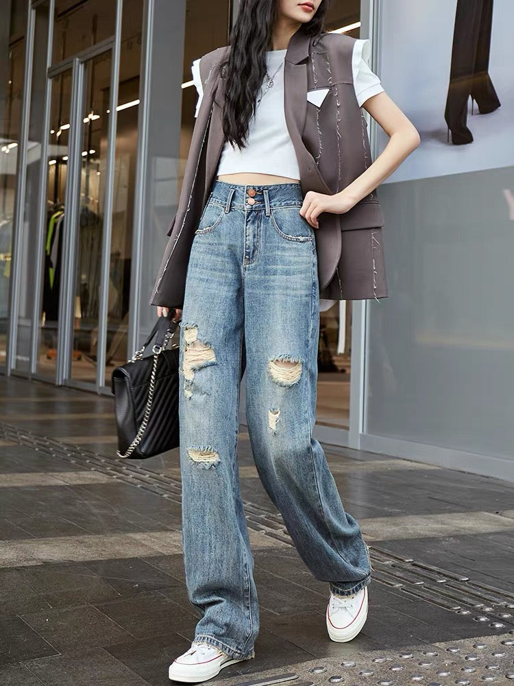 High-waisted contrasting color straight-leg ripped jeans for women, loose wide-legged 2023 autumn new style hip-lifting drapey floor-length pants (P138)