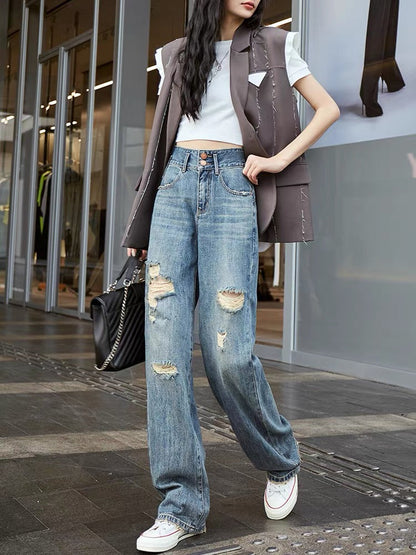 High-waisted contrasting color straight-leg ripped jeans for women, loose wide-legged 2023 autumn new style hip-lifting drapey floor-length pants (P138)