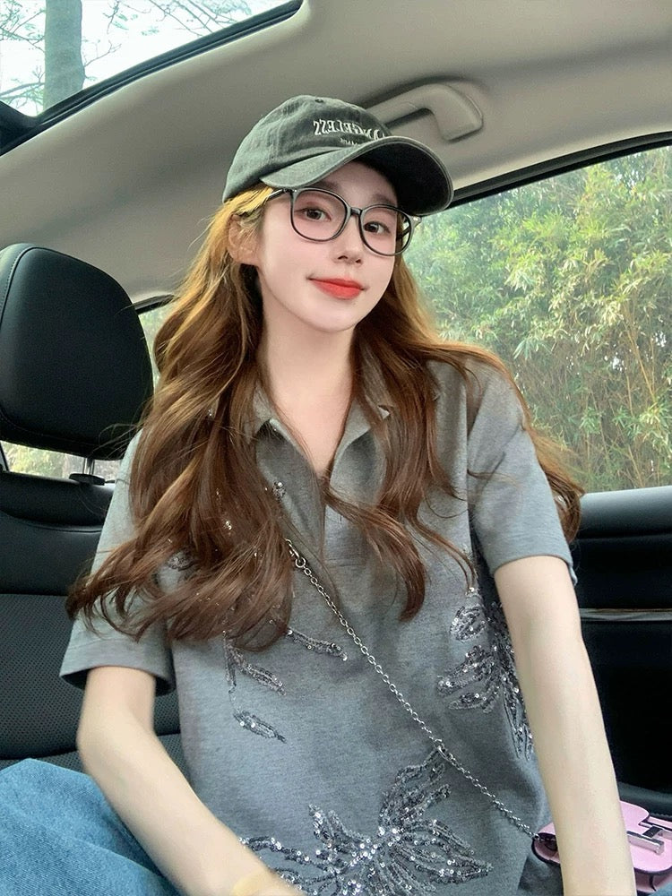 Gray polo shirt women 2025 new summer European goods heavy sequin design American lapel loose short-sleeved T-shirt