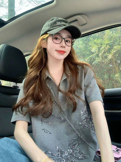Gray polo shirt women 2025 new summer European goods heavy sequin design American lapel loose short-sleeved T-shirt
