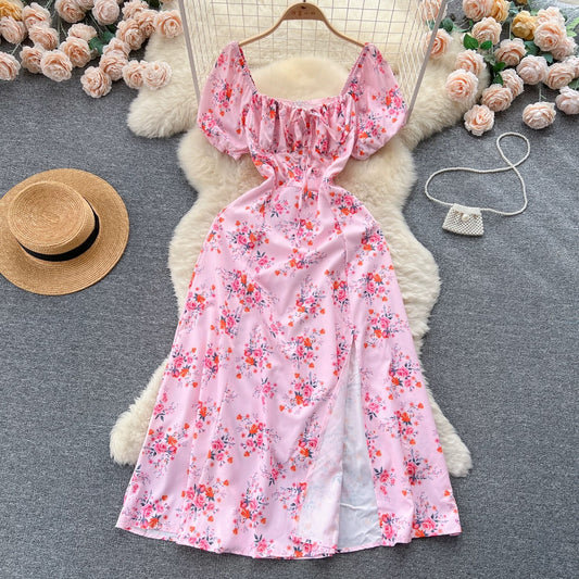 French pure desire high-grade floral puff sleeve dress for women summer slim temperament super fairy forest style slit long skirt