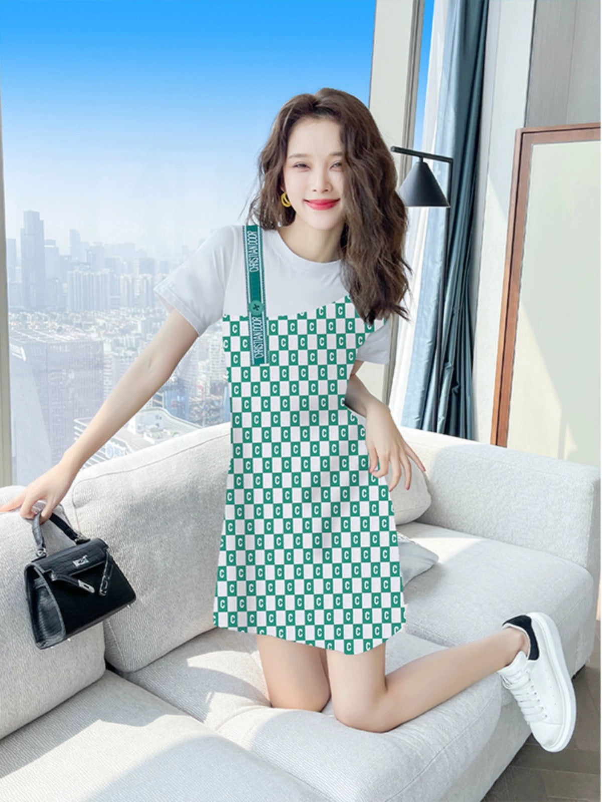 Spliced green petite dress for women summer new 2024 casual high-end slim skirt women's summer wear