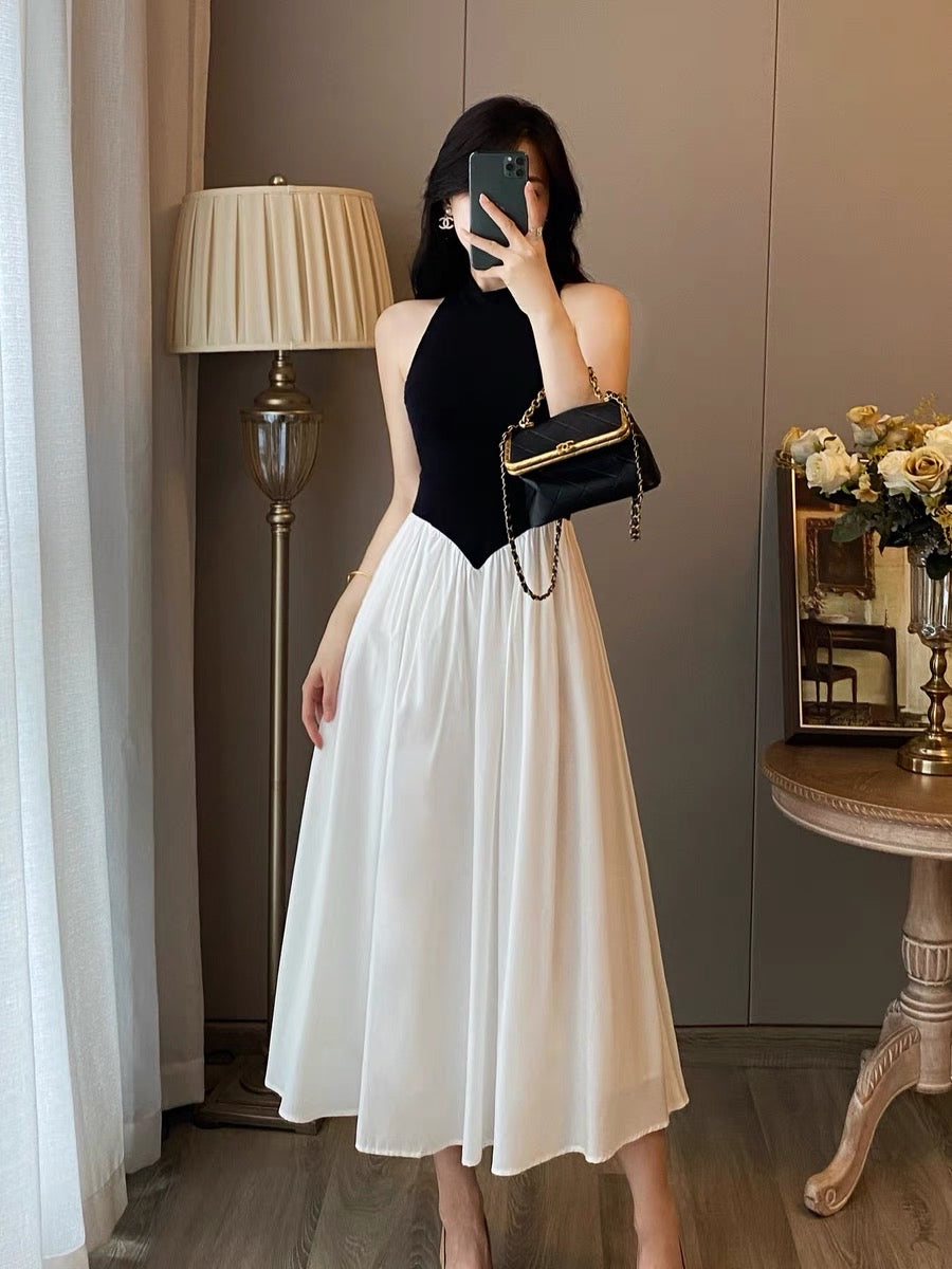 French retro sleeveless halterneck off-shoulder dress women's summer small fragrance contrast color high-quality temperament long dress