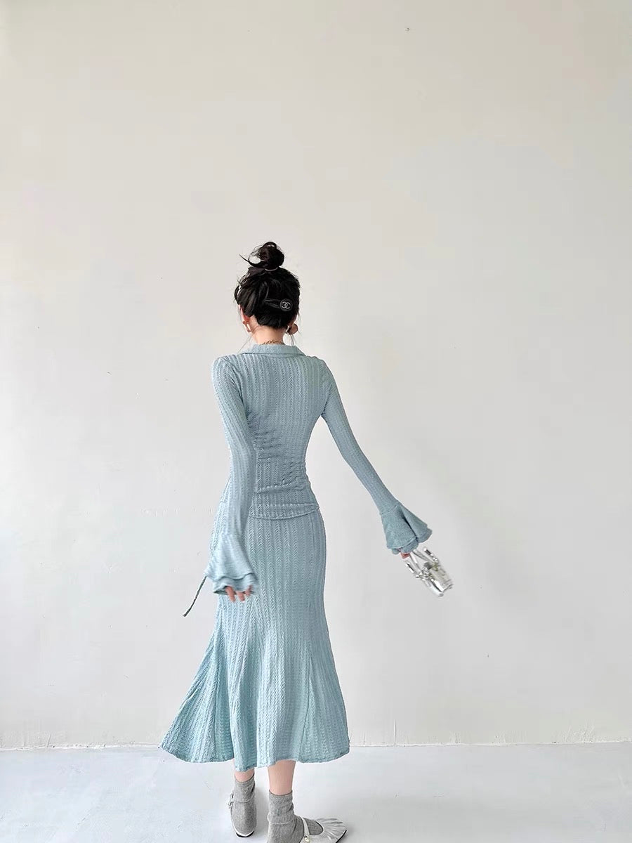 Le Disa Design Blue Knitted Cardigan Bell Sleeve Suit Women's High Waist Slim Slim Skirt Two-piece Set
