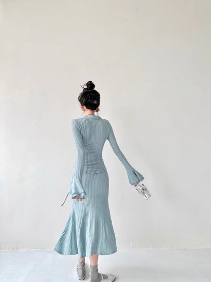 Le Disa Design Blue Knitted Cardigan Bell Sleeve Suit Women's High Waist Slim Slim Skirt Two-piece Set