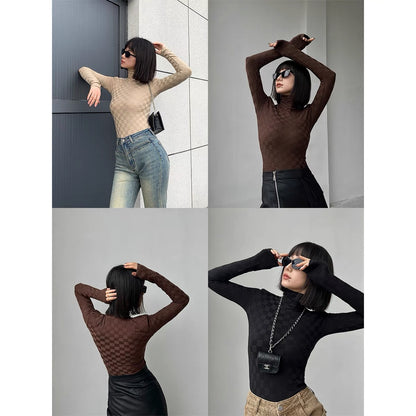 PAPERLLL Xinjian autumn and winter new visual sense high collar checkerboard fleece bottoming shirt versatile tight and warm inner wear (D7812)