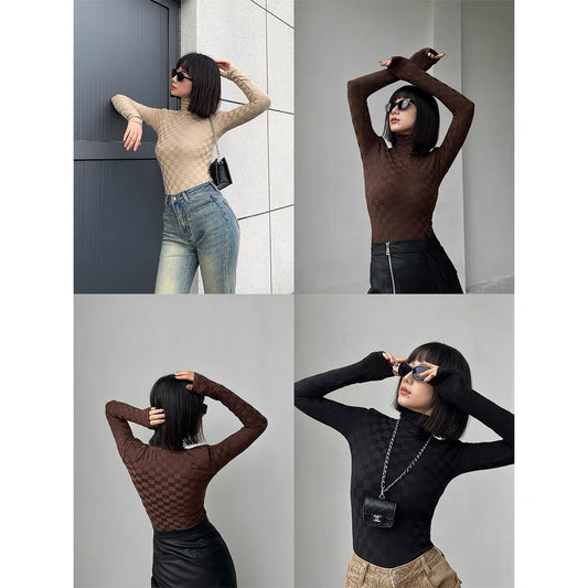PAPERLLL Xinjian autumn and winter new visual sense high collar checkerboard fleece bottoming shirt versatile tight and warm inner wear (D7812)