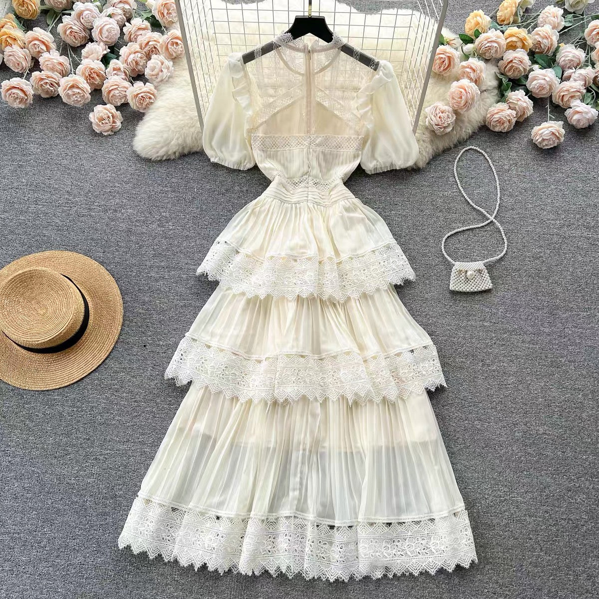 French Puff Sleeve Lace Spliced Pleated Cake Dress Women's Summer Waist Slimming Super Fairy First Love Dress (D0986)