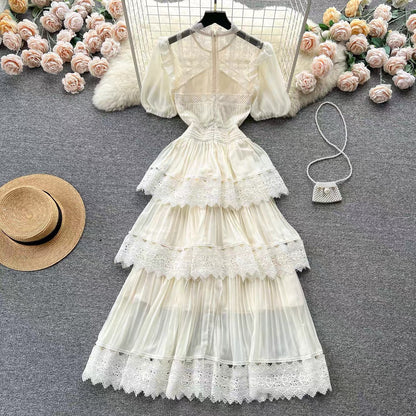 French Puff Sleeve Lace Spliced Pleated Cake Dress Women's Summer Waist Slimming Super Fairy First Love Dress (D0986)