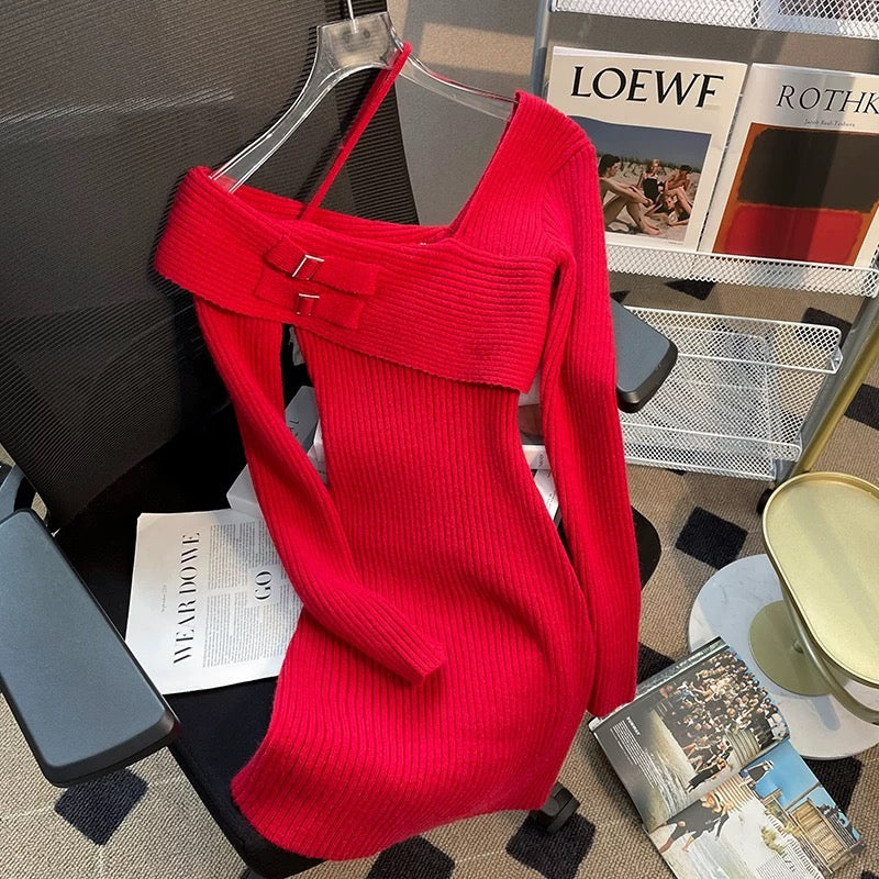 Red off-shoulder long-sleeved knitted sweater dress for women winter n – Lee Nhi Boutique