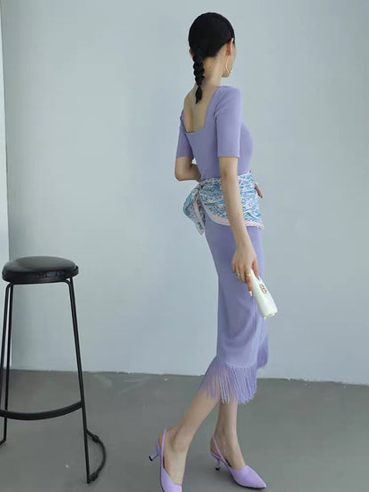 WANGXO short-sleeved French square neck dress women's 2023 summer new tassel slim fit hip-hugging mid-length skirt (B1717)