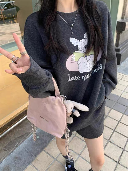 AHY sweatshirt suit for women 2023 early autumn new Korean version versatile casual lazy style street shorts two-piece set