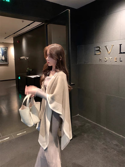 ByYou Autumn and Winter Royal Sister Style Gray One Shoulder Knitted Dress Mid-Length Slimming Fishtail Sweater Dress