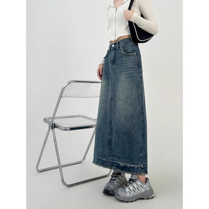 Plus size fat mm denim skirt women's mid-length high-waisted slimming long skirt pear-shaped figure A-line autumn A3363