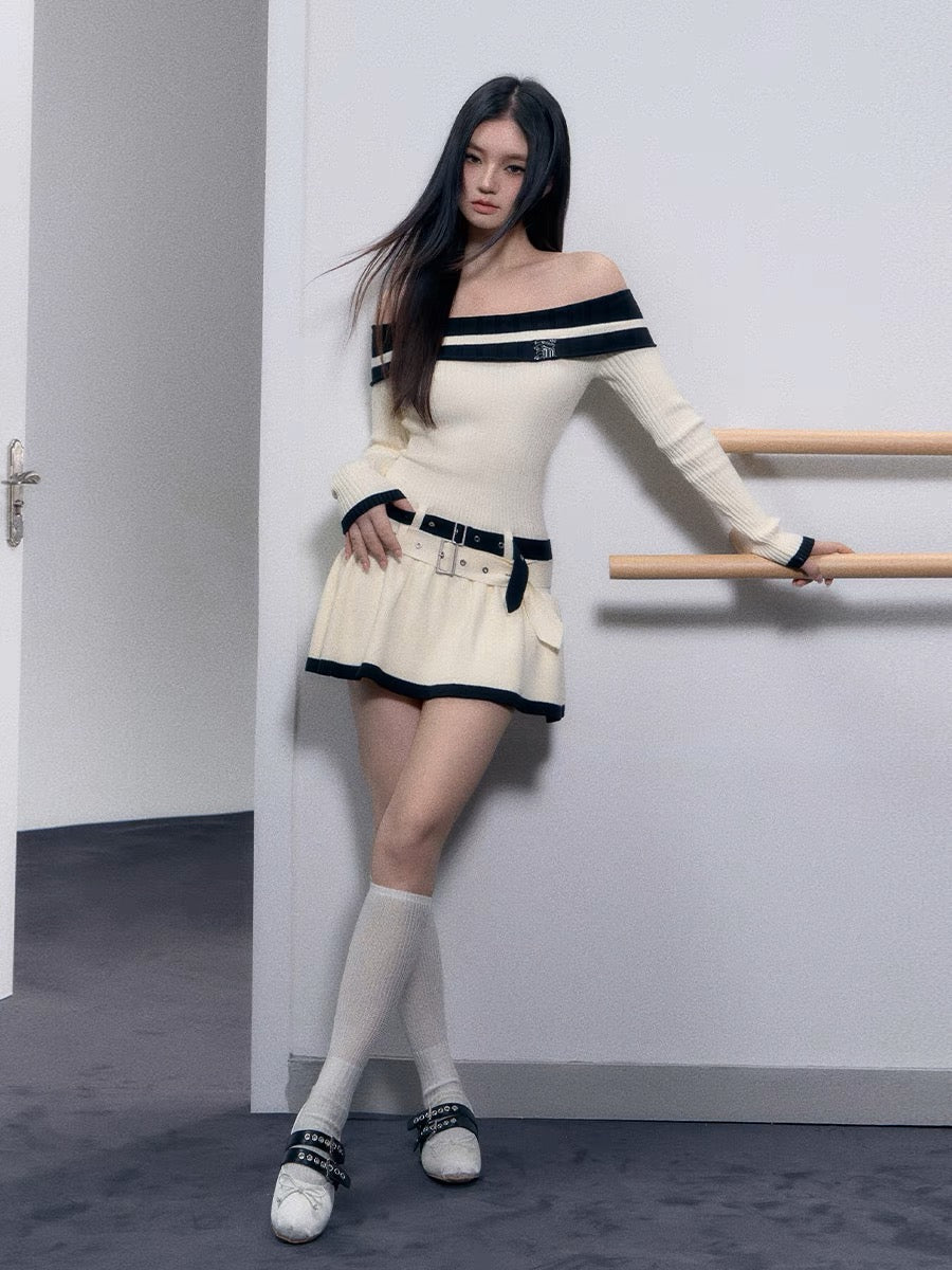 AGAM original design sweet and pure style high-end color matching one-shoulder double-belt dress 2023 early autumn new style