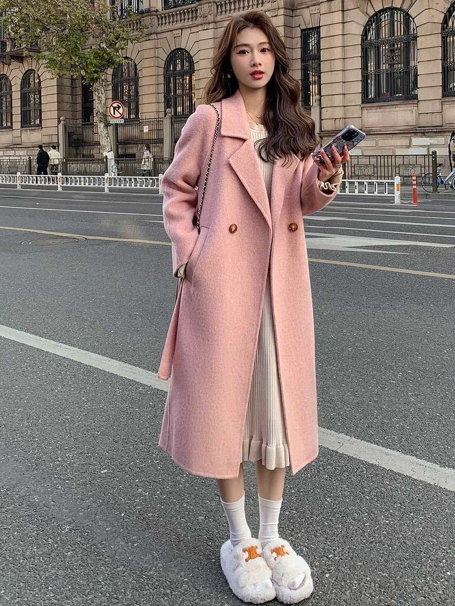 Pink double-faced velvet coat for women 2024 autumn and winter new Korean style loose mid-length lace-up woolen coat