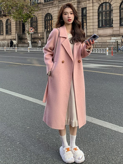 Pink double-faced velvet coat for women 2024 autumn and winter new Korean style loose mid-length lace-up woolen coat