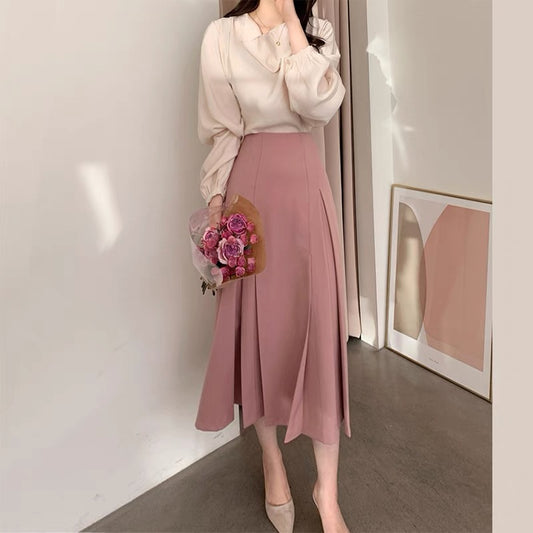 2023 Spring and Autumn New Design Niche Small Suit Long Pleated Rose Pink Half Skirt Women Summer T3489