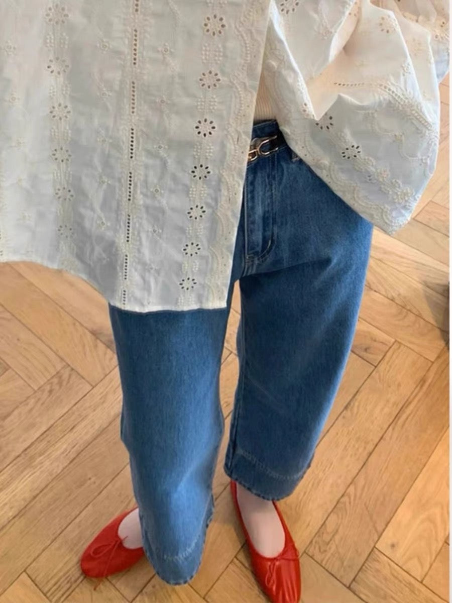 Niche design blue jeans women's autumn 2023 new slimming wide-legged loose small casual pants