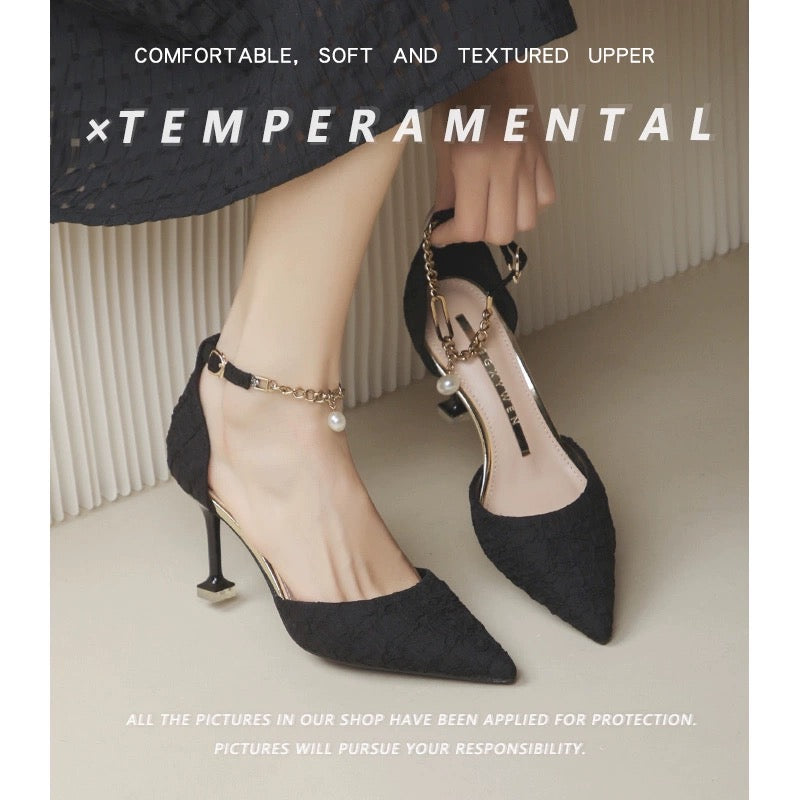 Nude high heels summer stiletto niche design French hollow single shoes pointed toe cap toe one-strap fairy style sandals