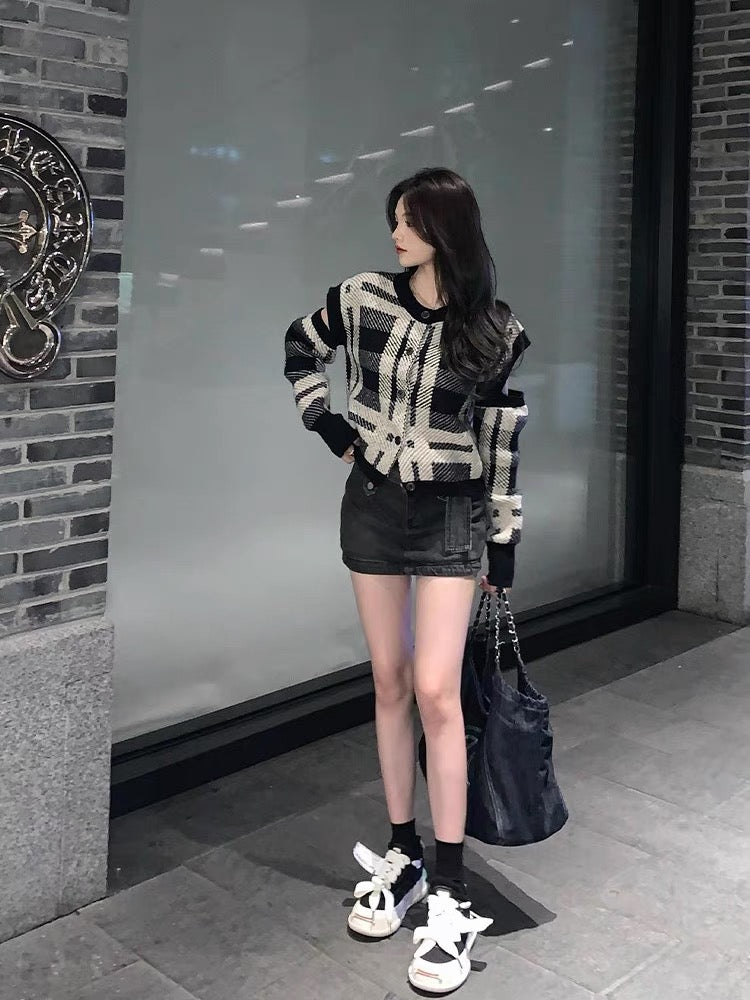 EUSKY IIWAN plaid contrasting color small fragrant style knitted cardigan sweater jacket women's spring new outer top (T380)