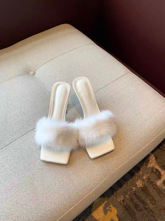 Women's sandals 2023 summer new style European and American style fashionable mink hair sexy temperament stiletto high heel flip flops