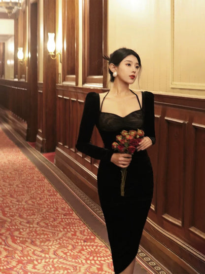 Thirteen and Little French Retro Dress Women's Autumn and Winter Lace Slim Fit Slit Halter Neck Velvet Skirt