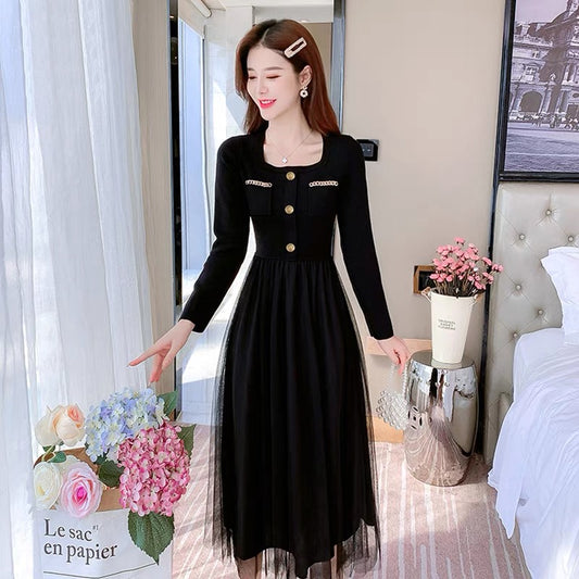 lolita autumn small black dress women autumn and winter 2023 new slim temperament bottoming little black dress