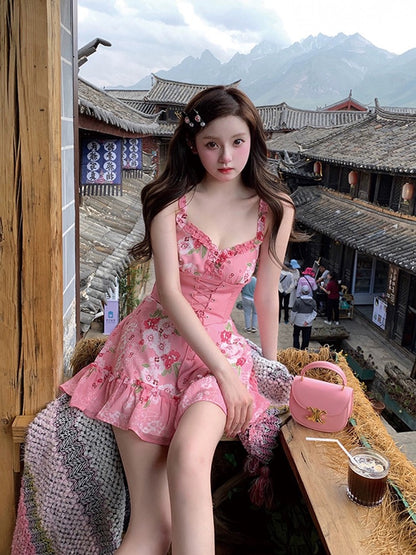 French Floral A-Line Dress Women's Summer Sweetheart Pink Princess Short Skirt 2024 Summer New Style