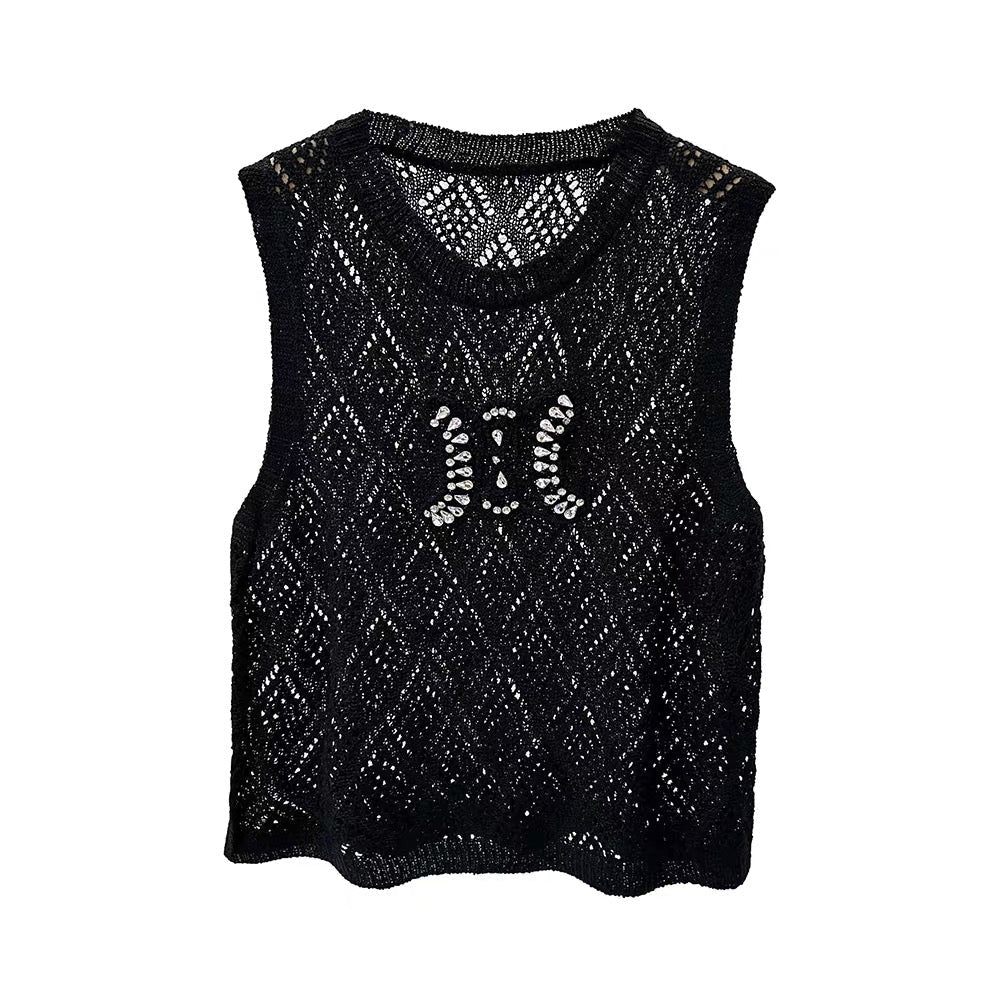 Spice girl hollow vest female design sense niche summer loose thin section outer wear round neck knitted vest sleeveless top