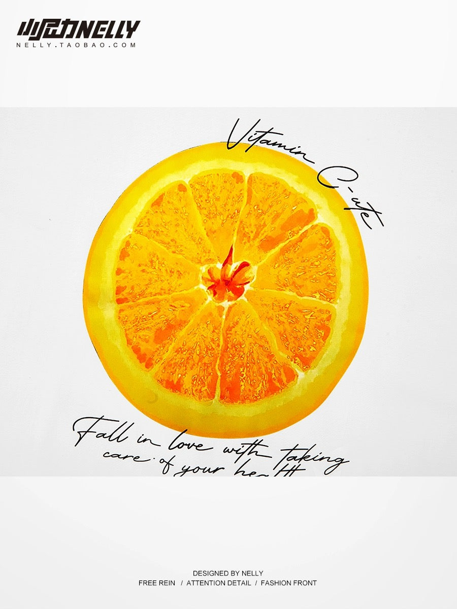 2024 summer new orange print cotton short-sleeved T-shirt men and women trendy casual loose round neck top half sleeve