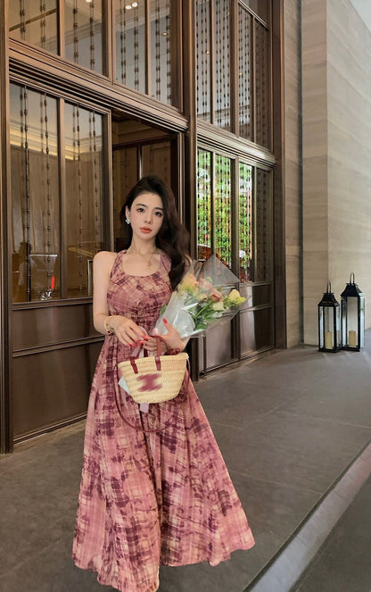 Qiu Rouyao French retro u-neck plaid a-line long dress for women spring new sexy temperament long dress