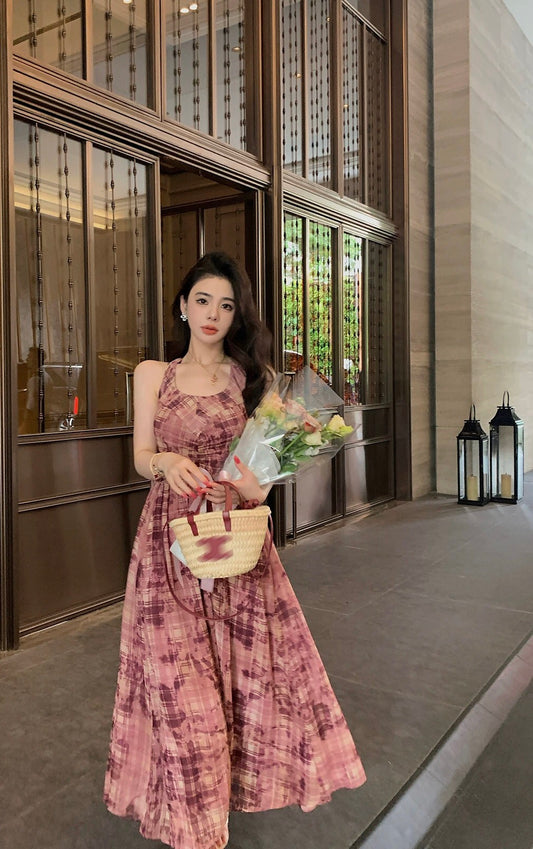 Qiu Rouyao French retro u-neck plaid a-line long dress for women spring new sexy temperament long dress