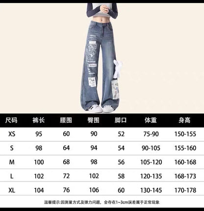 Natural black graffiti American jeans spring and autumn girly design loose straight high waist wide leg pants