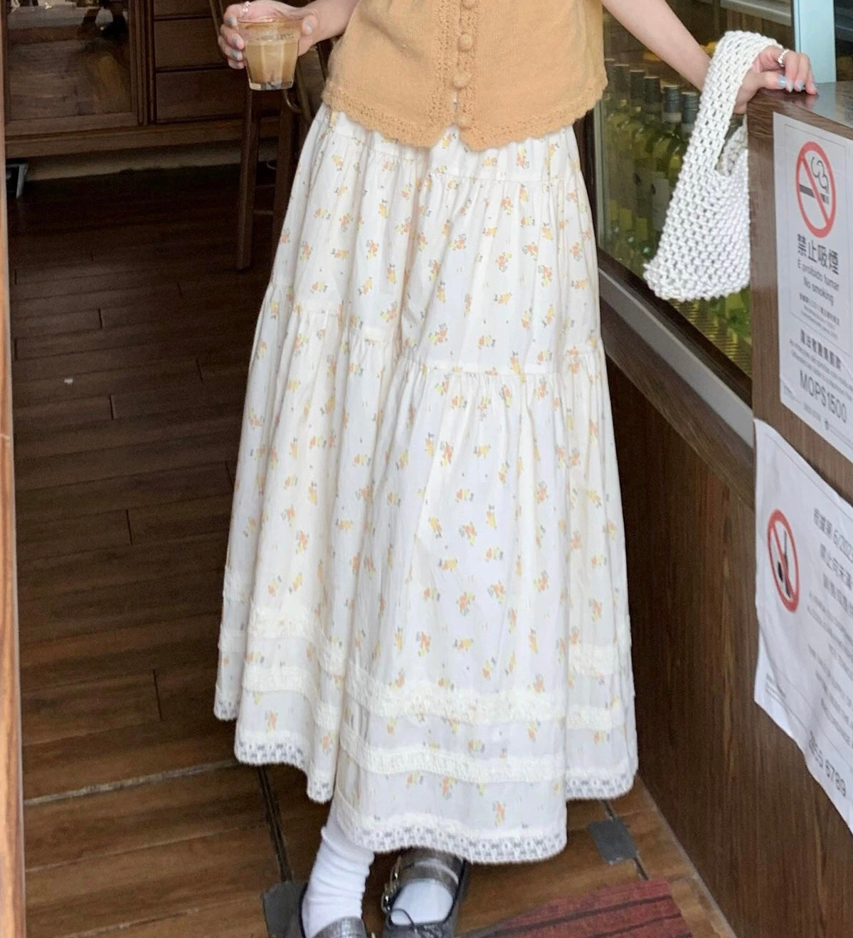 Cheese Rabbit Floral Skirt Women's 2024 New Sweet Lace A-Line Skirt Temperament Midi-Length Skirt for Little People