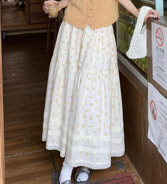 Cheese Rabbit Floral Skirt Women's 2024 New Sweet Lace A-Line Skirt Temperament Midi-Length Skirt for Little People