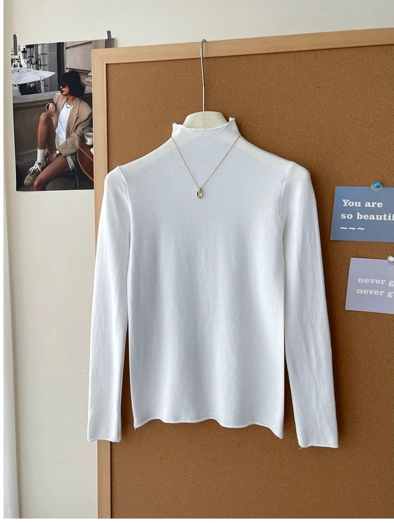 Retro soft and sticky cashmere rolled-edge turtleneck knit sweater for women, autumn and winter, gentle and versatile layering base layer top.