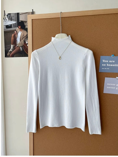 Retro soft and sticky cashmere rolled-edge turtleneck knit sweater for women, autumn and winter, gentle and versatile layering base layer top.